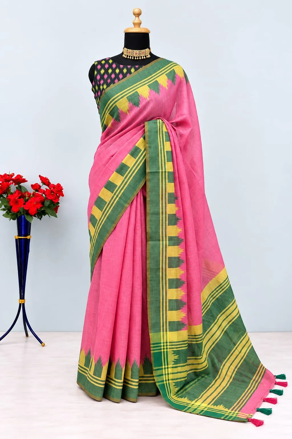 Pink Green Ikat Border Linen Cotton Saree